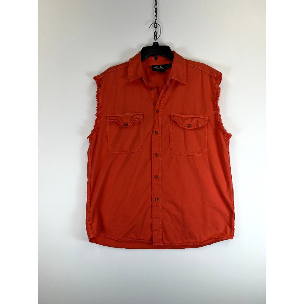 Biker Design Men's Button Up Shirt Large Orange Sleeveless 100% Cotton